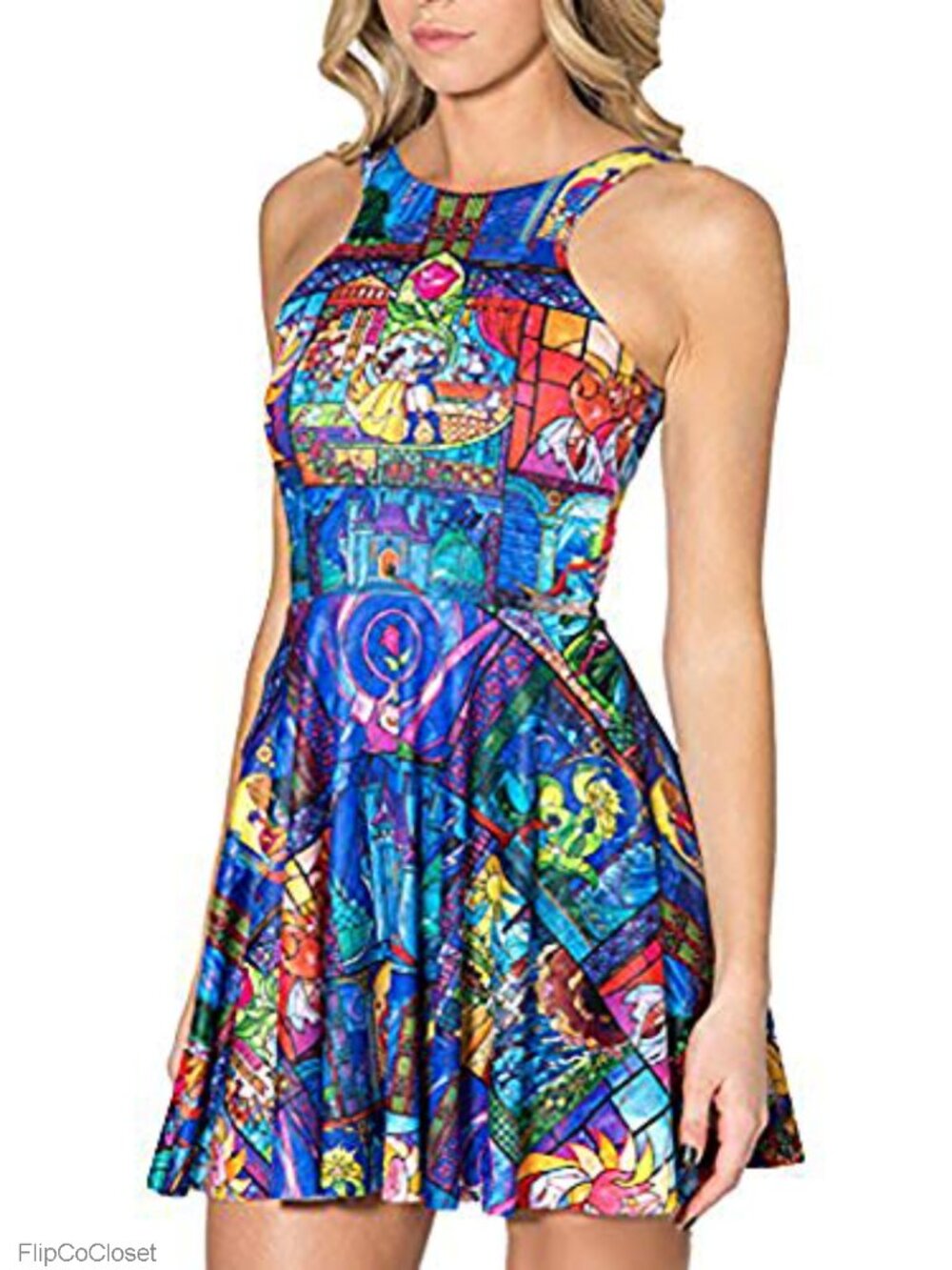 Cartoon Printed Sleeveless Pleated A-Line Skater Dress